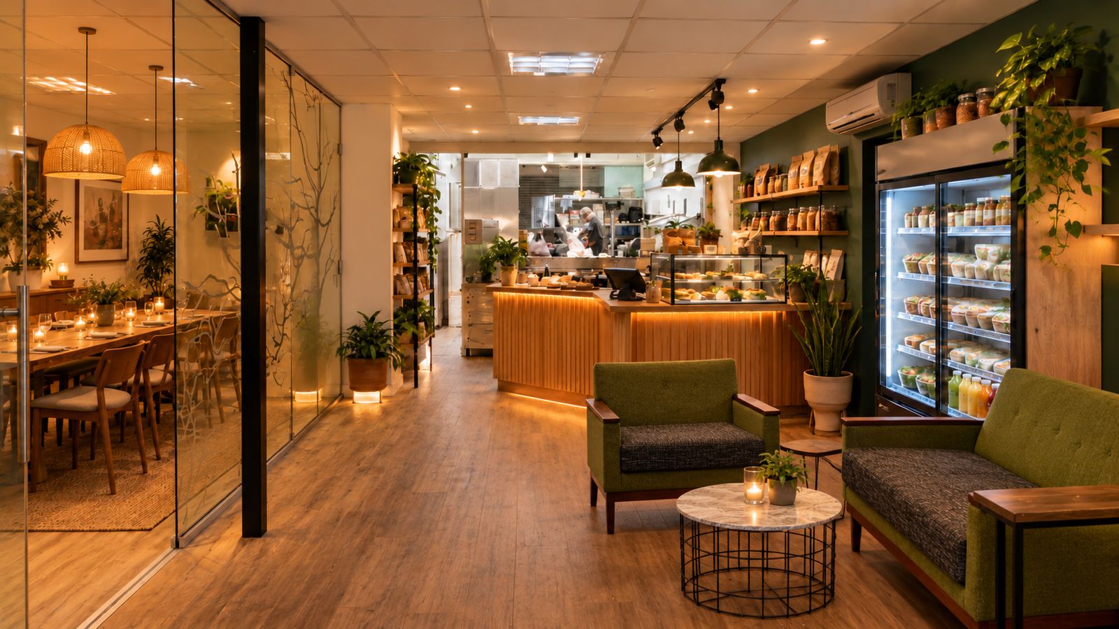 The café with olive armchairs, an oak counter and a fridge of plant-based meals