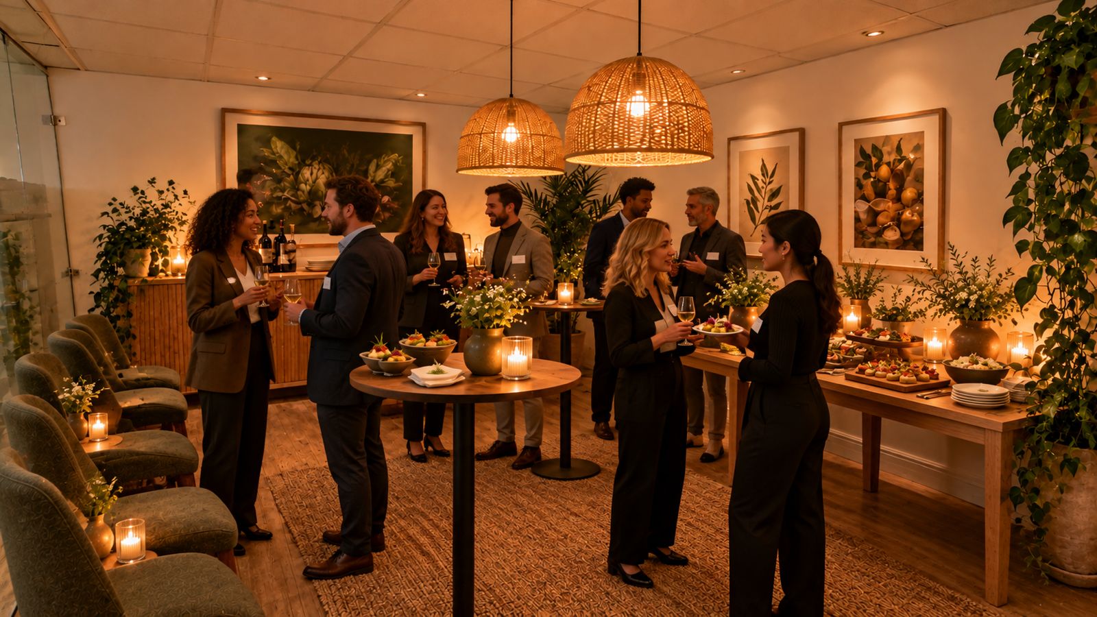 An evening networking event in the room with plant-based canapés