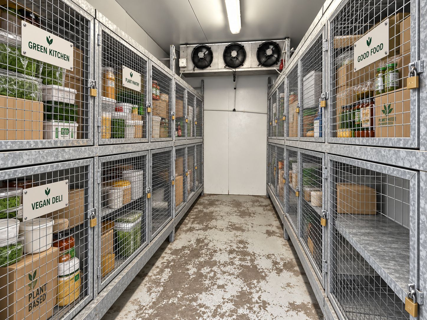 Walk-in fridge lined with lockable mesh cages