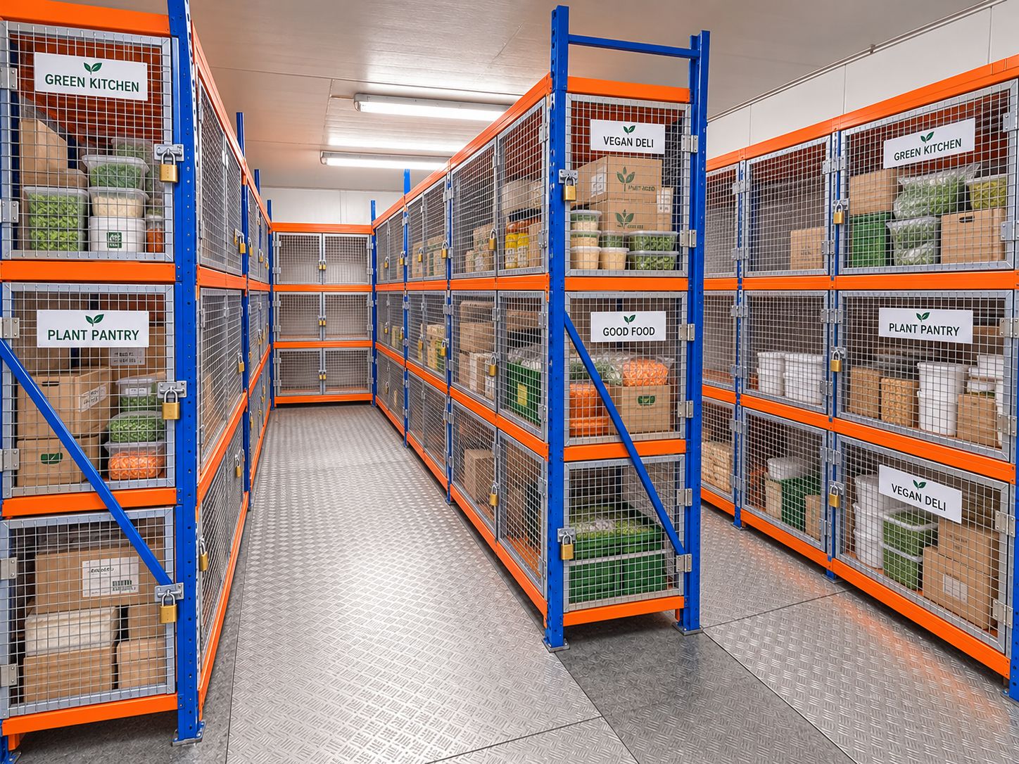 Cold room aisle with labelled storage cages