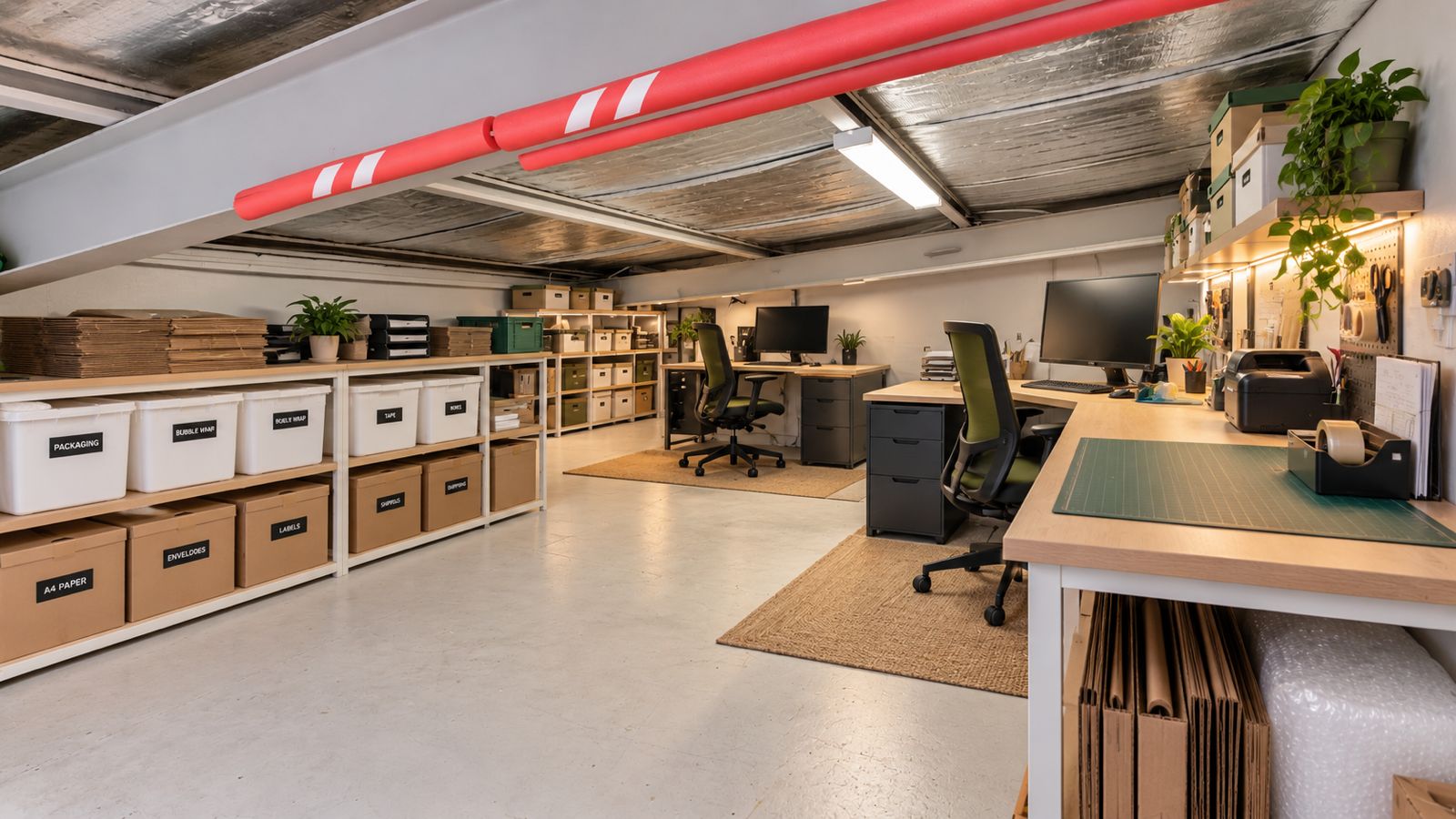 Packing and dispatch area with shelving and boxes